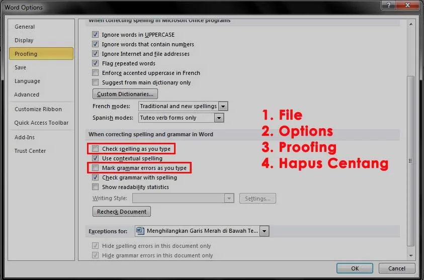 hapus garis merah di bawah teks ms word