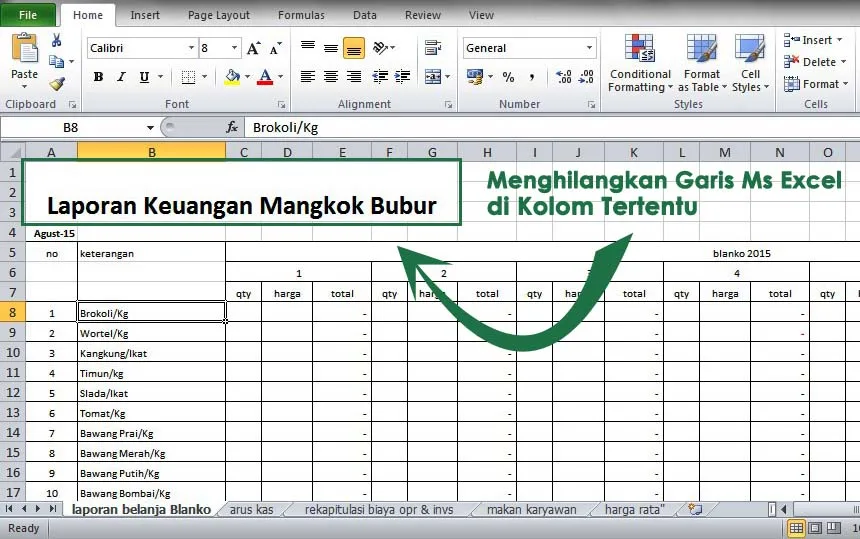 cara menghilangkan garis di excel kolom tertentu