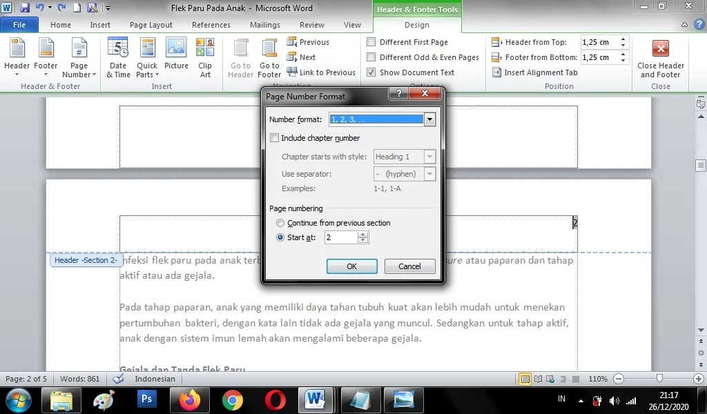 membuat penomoran berbeda di Ms Word 2