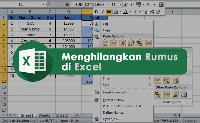 cara menghilangkan rumus di excel
