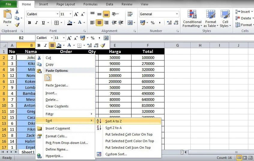 cara mengurutkan data di excel mudah