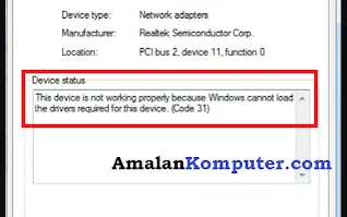 Mengatasi This device is not working properly because Windows cannot load the drivers required for this device. (Code 31) di Device Manager